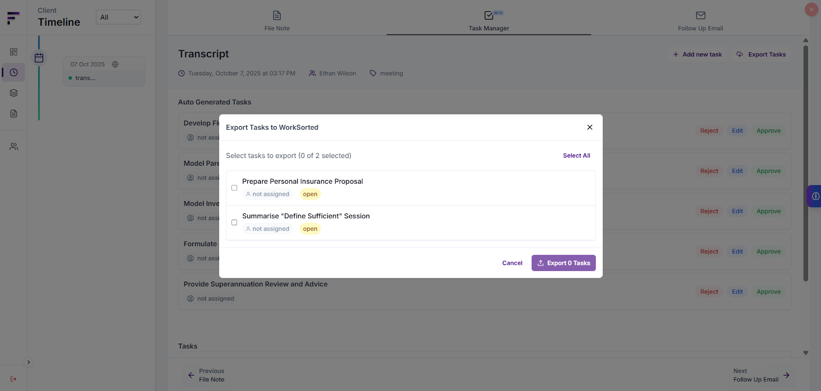 Task selection screen for export