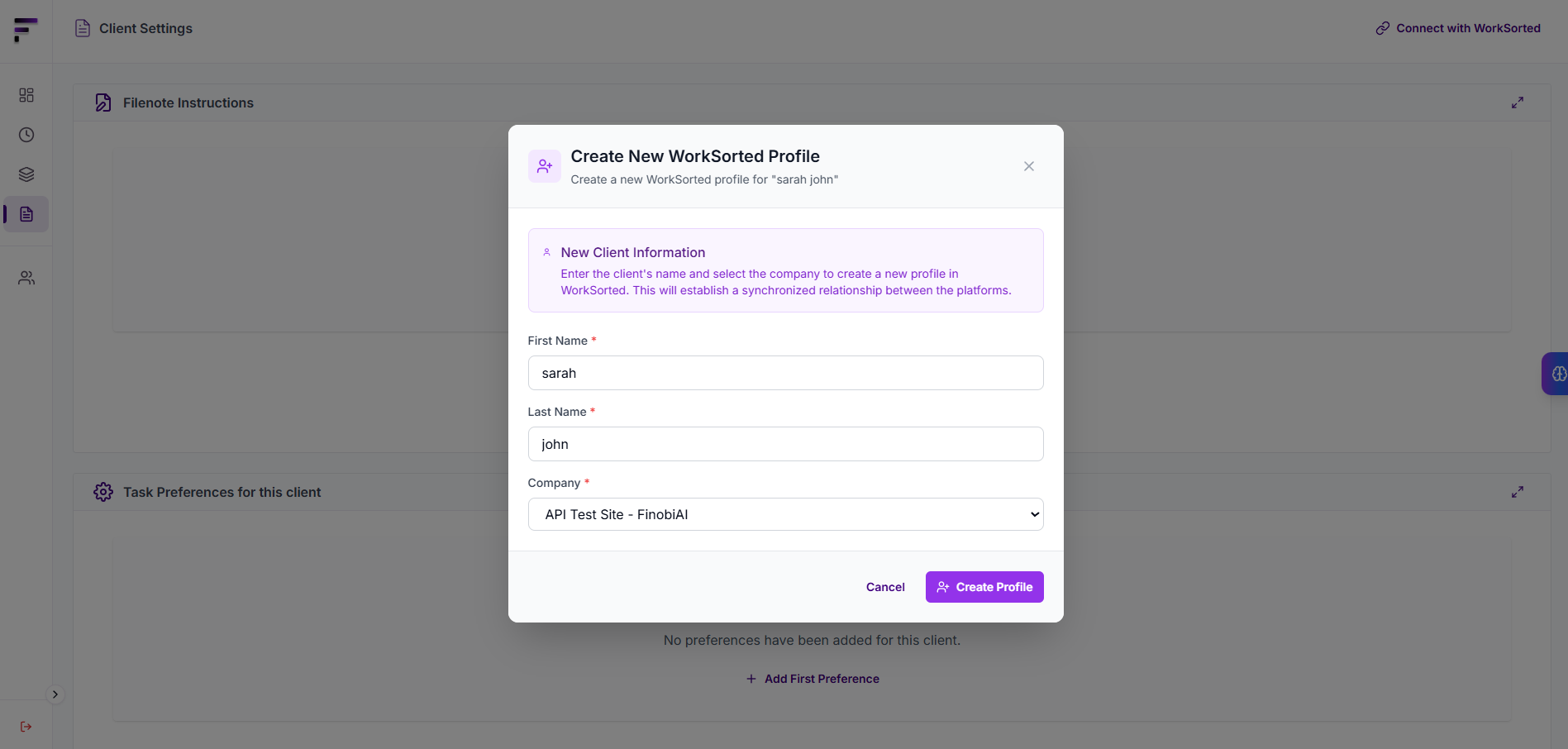 Create new WorkSorted client profile