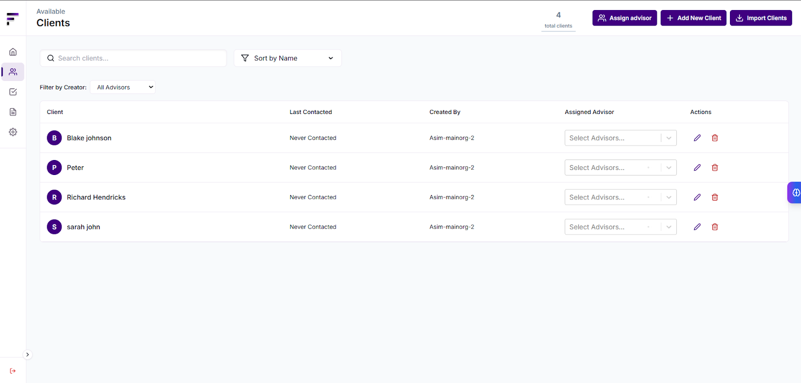 Import clients button on dashboard