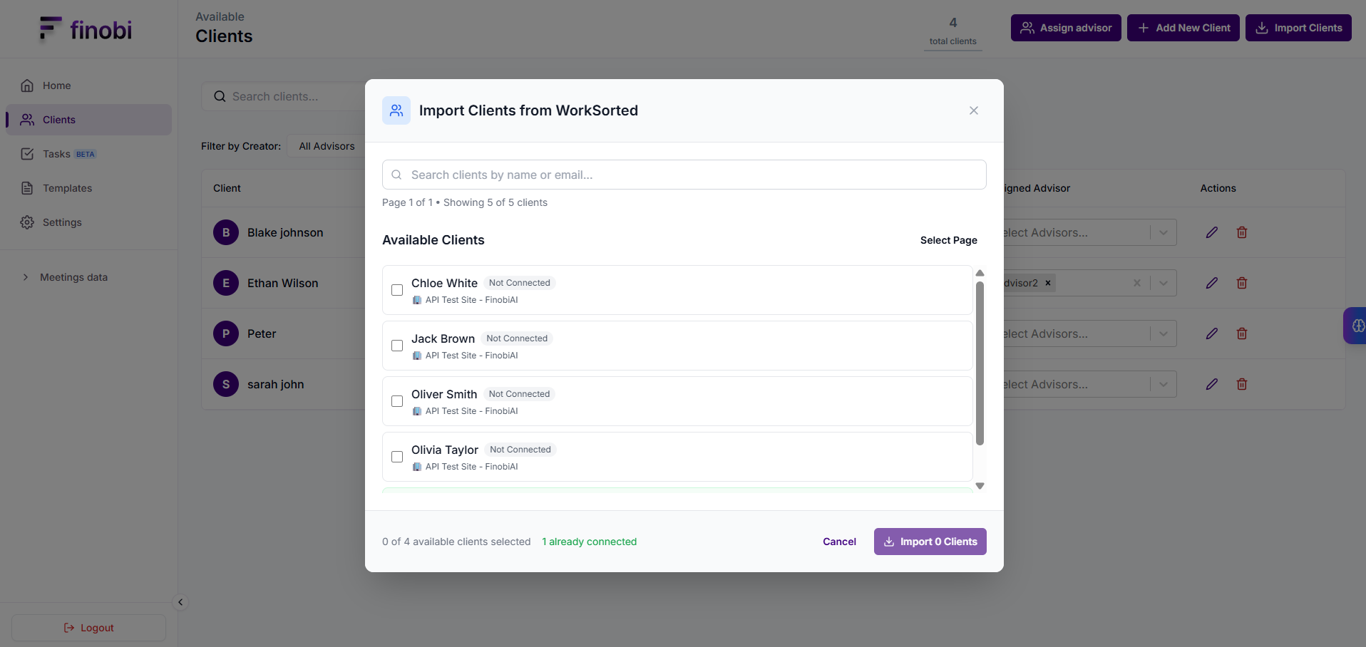 Import clients selection modal