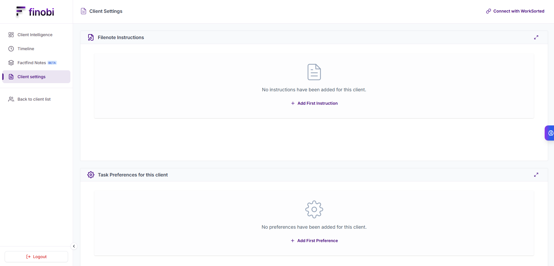 Connect client button in client settings