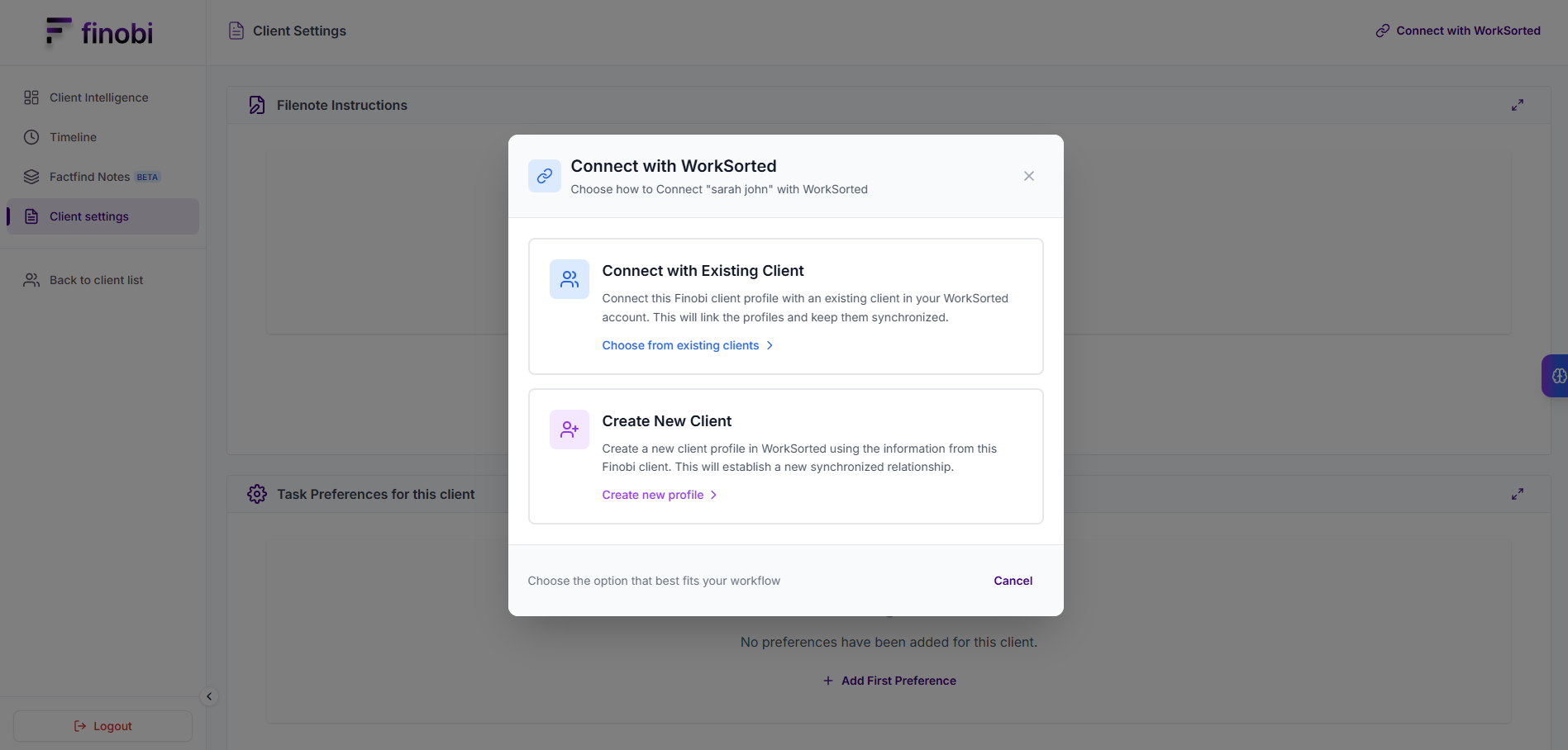 Connect client options screen