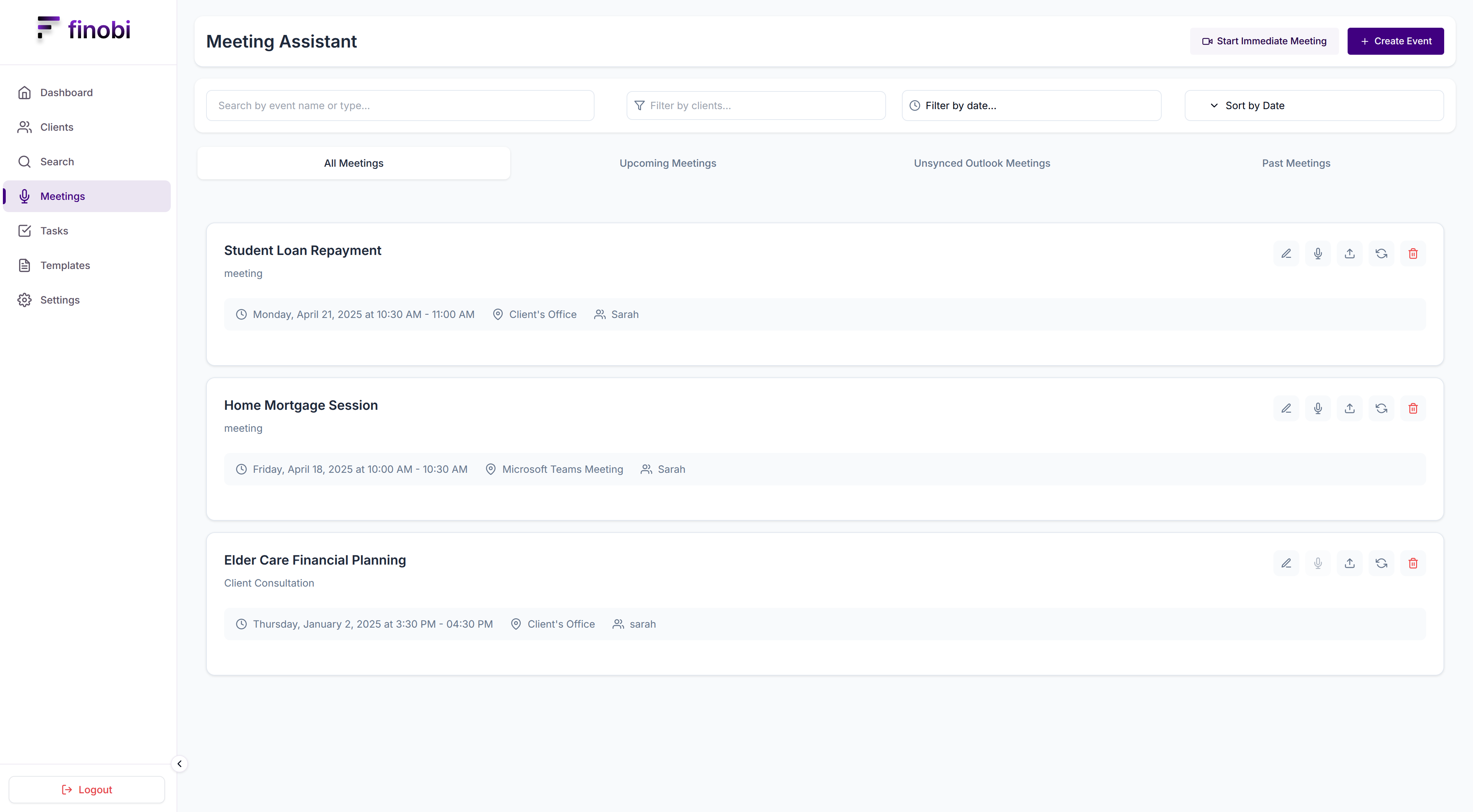 Meeting assistant page in Finobi