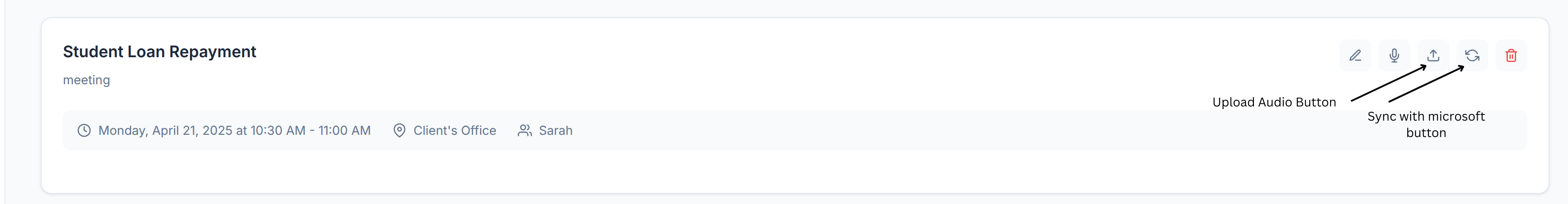 Meeting assistant page in Finobi