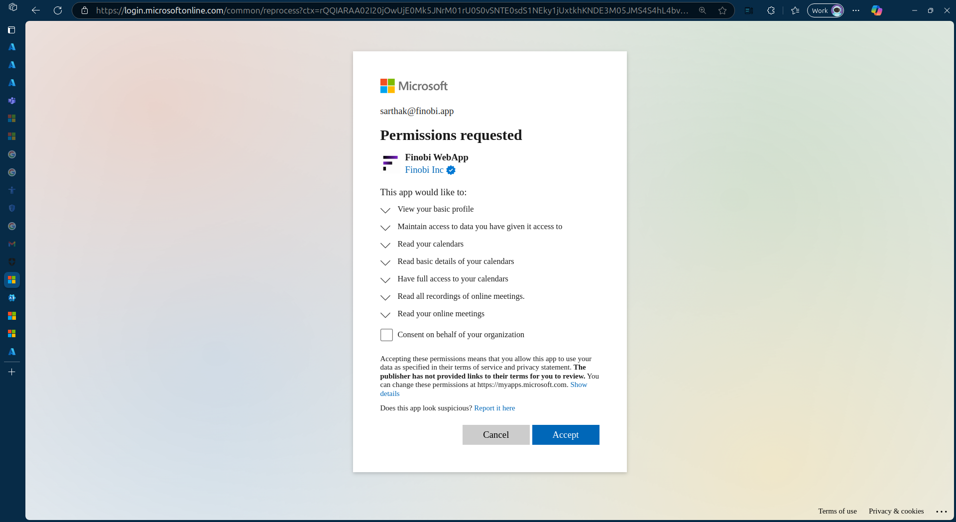Microsoft permissions consent screen