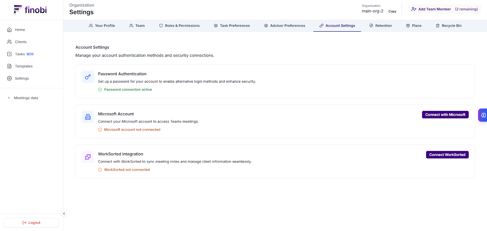 WorkSorted integration settings page