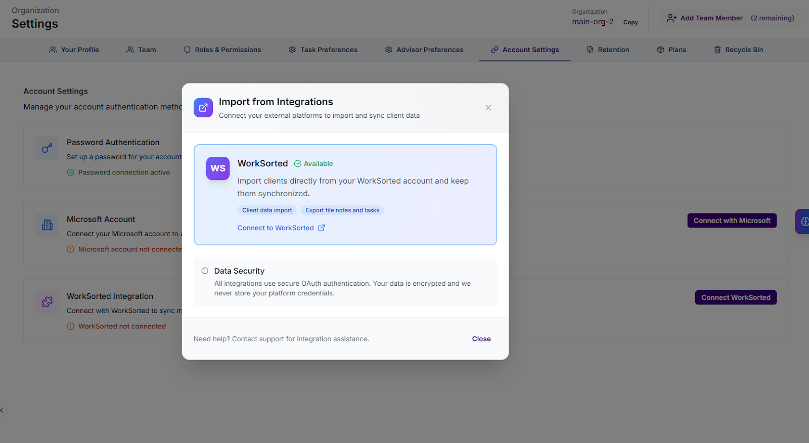 WorkSorted connection window