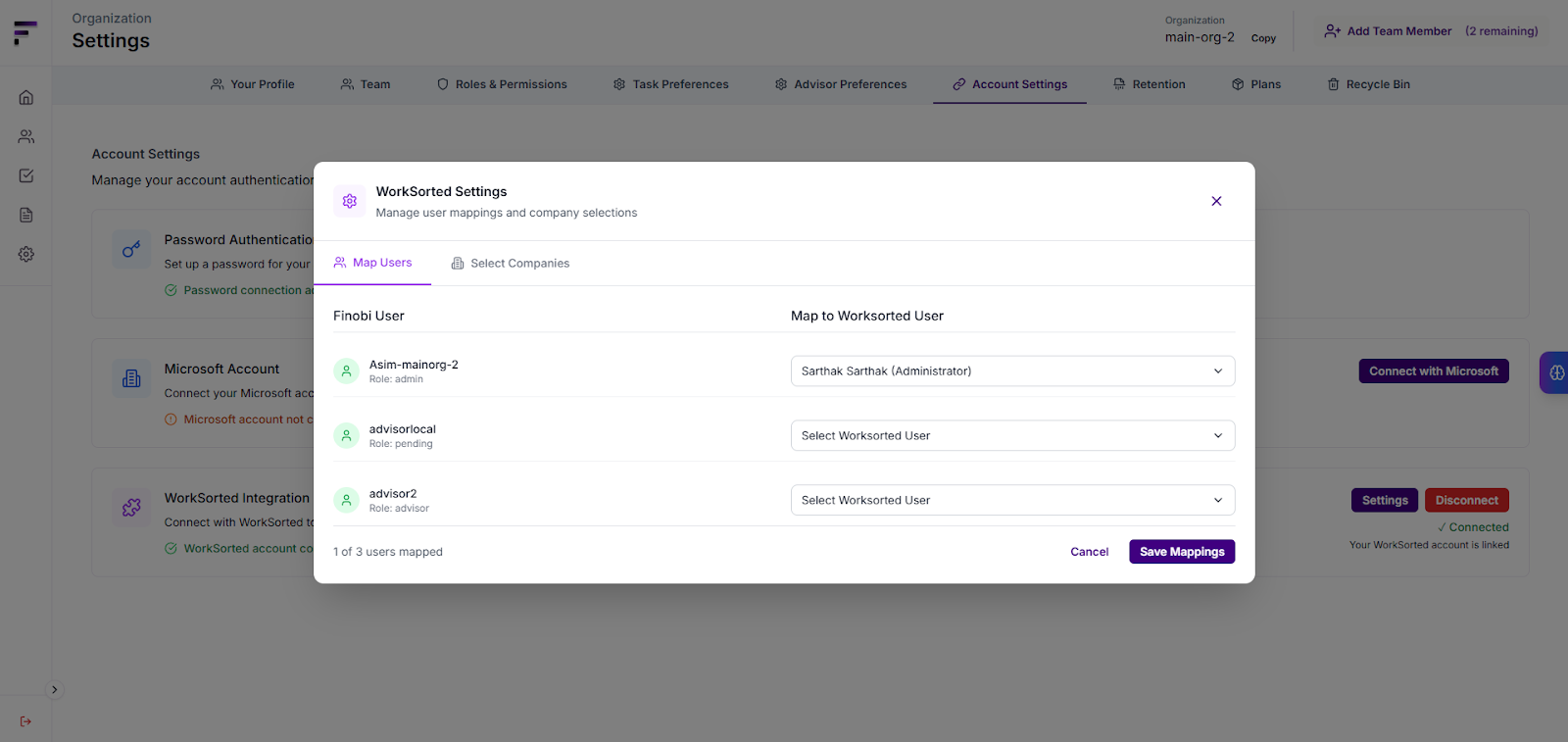 Map users configuration window